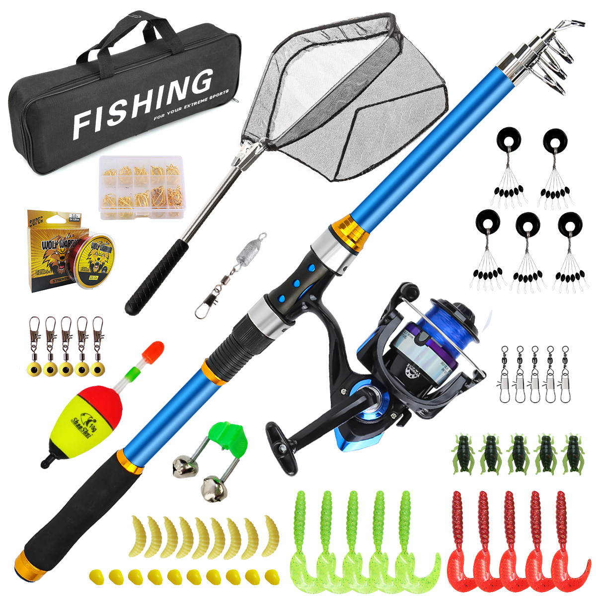 Spincast Reel - 2,1–3,6 m Teleskop-Angelruten-Set aus Glasfaser mit